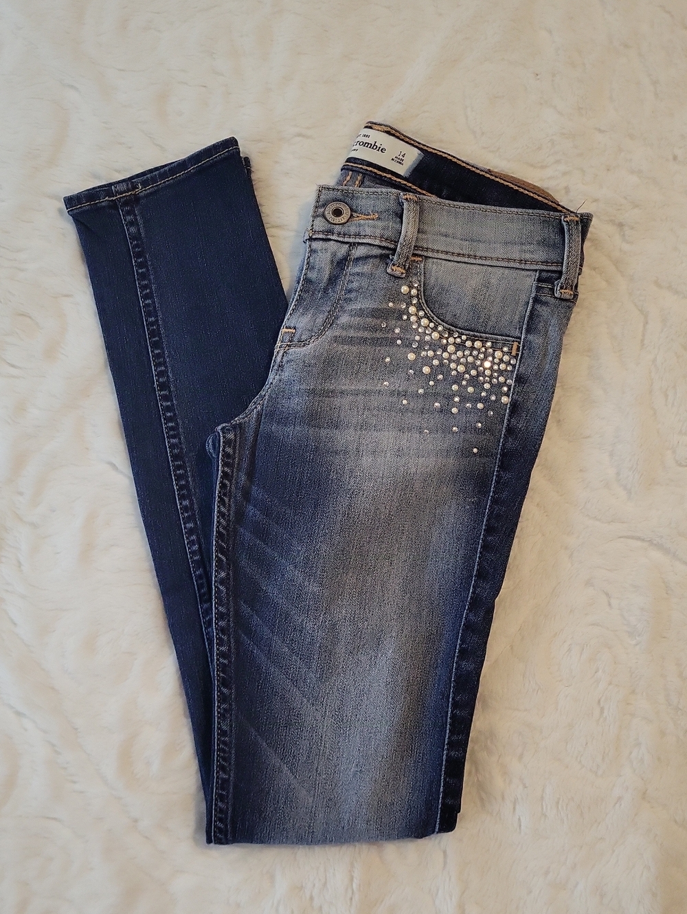 abercrombie Kids Skinny Jeans - Blue Faded & Whiskered With Rhinestones & Pearls